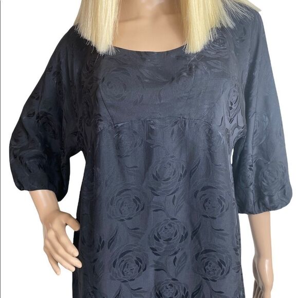 Vince dress s black 100% silk echted roses balloon 3/4 sleeves - Picture 6 of 8